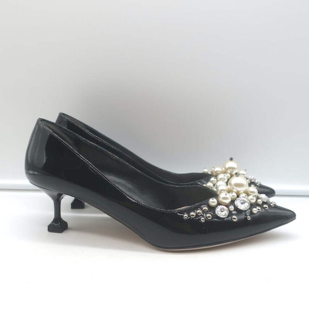 Miu Miu Pearl & Crystal-Embellished Low-Heel Pumps Black Patent Leather Size 38 - Picture 2 of 13